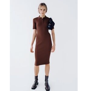 Zara Ribbed Polo Midi Dress Burgundy Brown Size S NWT